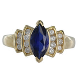 14K Yellow Gold Sapphire Marquise Cut And Diamonds Vintage Ring