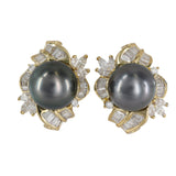 18K Yellow Gold Tahitian Pearls And Diamonds Halo Vintage Cocktail Earrings
