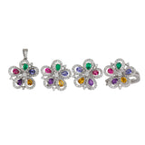18K White Gold Diamond And Colored Stones Flower Jewelry Set