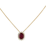 18K Yellow Gold Oval Synthetic Ruby And Diamond Halo Pendant Rolo Link Chain Necklace