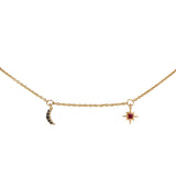 18K Yellow Gold Black Diamond And Ruby Moon & Star Charm Necklace