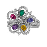 18K White Gold Diamond And Colored Stones Flower Jewelry Set