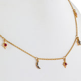 18K Yellow Gold Black Diamond And Ruby Moon & Star Charm Necklace