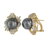 18K Yellow Gold Tahitian Pearls And Diamonds Halo Vintage Cocktail Earrings