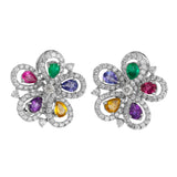 18K White Gold Diamond And Colored Stones Flower Jewelry Set