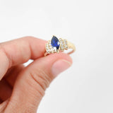 14K Yellow Gold Sapphire Marquise Cut And Diamonds Vintage Ring