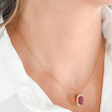 18K Yellow Gold Oval Synthetic Ruby And Diamond Halo Pendant Rolo Link Chain Necklace
