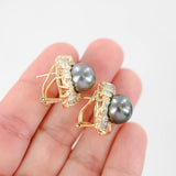 18K Yellow Gold Tahitian Pearls And Diamonds Halo Vintage Cocktail Earrings