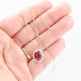18K Yellow Gold Oval Synthetic Ruby And Diamond Halo Pendant Rolo Link Chain Necklace