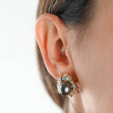 18K Yellow Gold Tahitian Pearls And Diamonds Halo Vintage Cocktail Earrings
