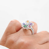 18K White Gold Diamond And Colored Stones Flower Jewelry Set