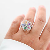 18K White Gold Diamond And Colored Stones Flower Jewelry Set