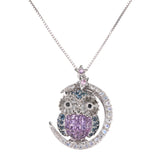 18K White Gold Diamond, Topaz And Mystic Quartz Owl With moon Design Dainty Box Chain Necklace