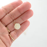 10k Yellow Gold Mother of Pearl Carved Rose Pendant, delicately paired with a dainty chain necklace