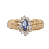 Ladies Estate 14K Yellow Gold Blue Topaz Gemstone & Diamond Sunburst Halo Ring