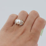 14k Yellow Gold Pearl and Single-cut Diamonds Cocktail Ring