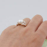 14k Yellow Gold Pearl and Single-cut Diamonds Cocktail Ring
