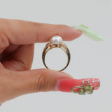 14k Yellow Gold Pearl and Single-cut Diamonds Cocktail Ring