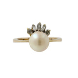 Conjunto de aretes y anillos de diamantes y perlas color crema de oro amarillo de 14 quilates para mujer