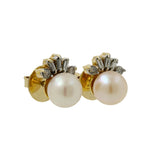 Conjunto de aretes y anillos de diamantes y perlas color crema de oro amarillo de 14 quilates para mujer