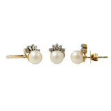 Conjunto de aretes y anillos de diamantes y perlas color crema de oro amarillo de 14 quilates para mujer