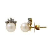 Conjunto de aretes y anillos de diamantes y perlas color crema de oro amarillo de 14 quilates para mujer