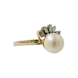 Conjunto de aretes y anillos de diamantes y perlas color crema de oro amarillo de 14 quilates para mujer