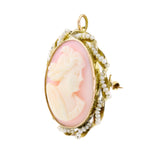 10k Yellow Gold Pink Agate Cameo Baroque Pearl Twist Border Pin Brooch Pendant