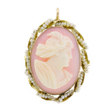 10k Yellow Gold Pink Agate Cameo Baroque Pearl Twist Border Pin Brooch Pendant