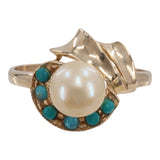 14k Yellow Gold Pearl Turquoise Accented Fashion Ring