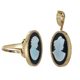 14k Yellow Gold Diamond Onyx and Opal Ring and Pendant Set