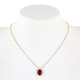 18K Yellow Gold Oval Synthetic Ruby And Diamond Halo Pendant Rolo Link Chain Necklace