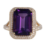 4K Yellow Gold Amethyst Emerald-Cut Micro-Paven Diamond Halo Cocktail Ring