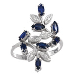 14K White Gold Diamond And Sapphire Cocktail Leaf Design Ring