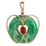 14K Yellow Gold Jade Disc Apple Pendant With Round Diamond And Red Cabochon Jade in Center