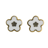 18K Yellow Gold White Enamel Flower Stud Earrings