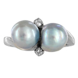 14K White Gold Moi Et Toi Freshwater Pearl And Diamond Vintage Ring