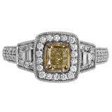 18K White Gold Light Yellow Diamond Cushion Cut With Halo And Accents Diamonds Vintage Ring