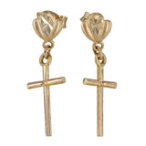 18K Yellow Gold Diamond Cut Shell Cross Dangle Charm Earrings