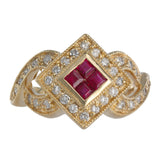 14K Yellow Gold Ruby Cluster Diamond Invisible Setting Millgrain Twisting Band Ring