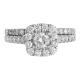 14K White Gold Diamond Cluster Engagement Ring And Wedding Band 1.54Ctw