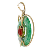 14K Yellow Gold Jade Disc Apple Pendant With Round Diamond And Red Cabochon Jade in Center