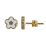 18K Yellow Gold White Enamel Flower Stud Earrings