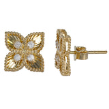 18K Yellow Gold Diamond Guilloche Diamond-Cut Lily Rope Border Stud Earrings