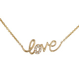 14K Yellow Gold Diamond Cursive Love Charm Adjustable Rolo Chain Necklace