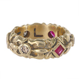 18k Yellow Gold Victorian Motif Cognac Diamond and Ruby Ring