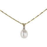 14k Yellow Gold Pearl And Diamond Pendant Twisting Box Link Chain Necklace