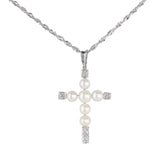 10K White Gold Diamond And Pearls Cross Pendant Baby Rope Link Chain Necklace