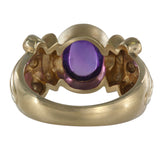 14K Yellow Gold Amethyst Cabochon Matte Finish Ornate Cocktail Ring