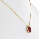 18K Yellow Gold Oval Synthetic Ruby And Diamond Halo Pendant Rolo Link Chain Necklace